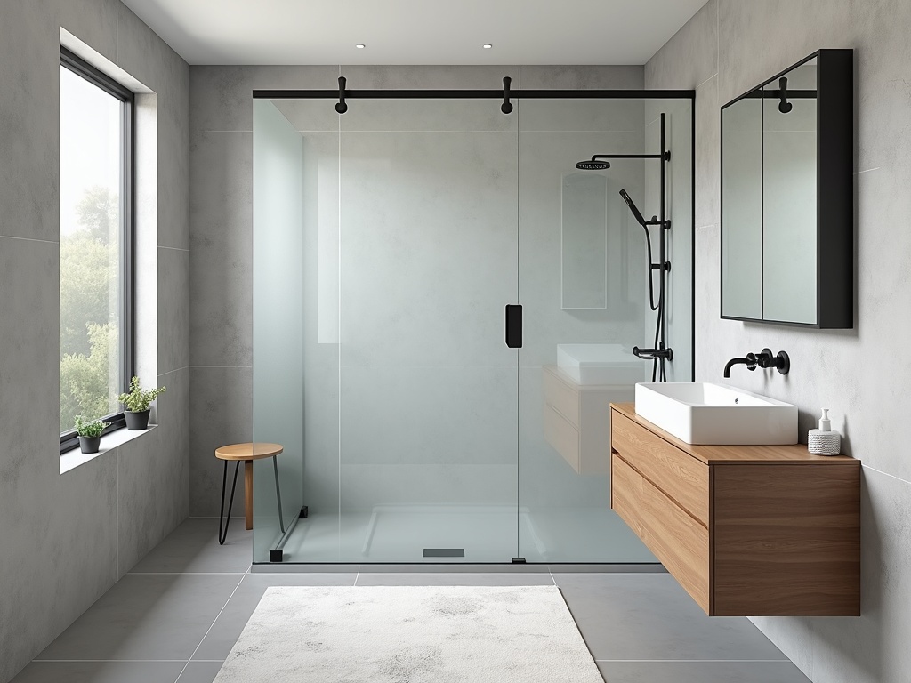 Freshly renovated modern bathroom in a Preston home with a walk-in glass shower, matte-black fittings and a floating wooden vanity