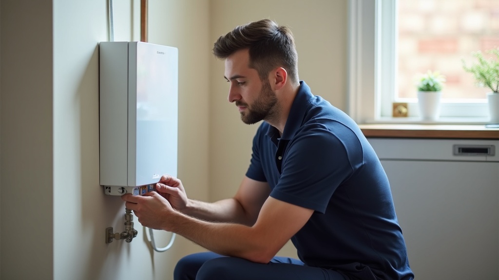 Gas heating engineer in a navy work polo checking the pressure gauge on a wall-mounted combi boiler in a Preston home
