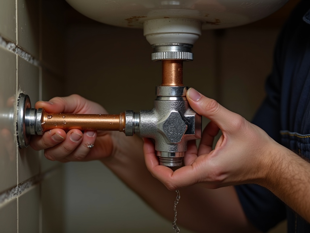 Close-up of a plumber's hands tightening a chrome compression fitting on copper pipework beneath a bathroom sink