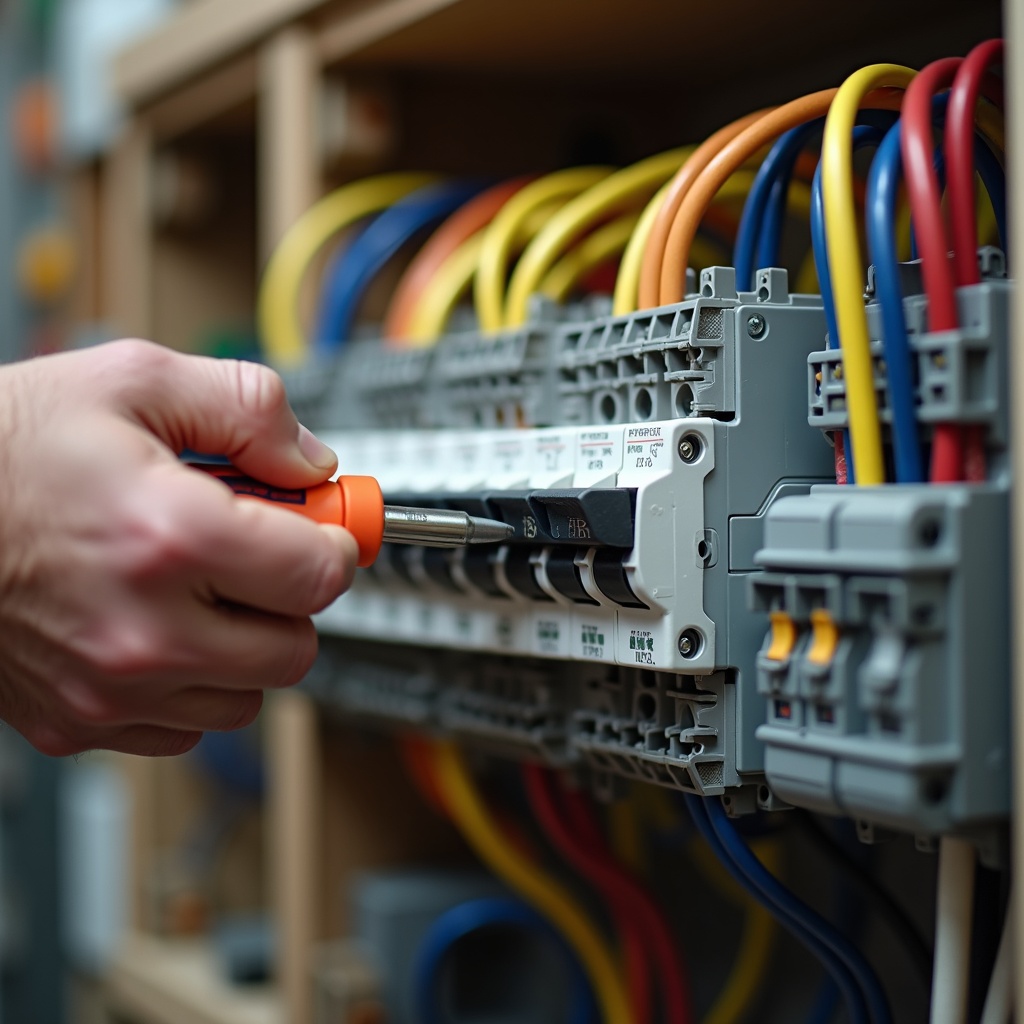 Close-up of neatly wired consumer unit with an electrician tightening a breaker