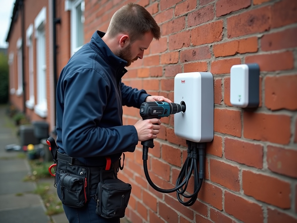 BM Electrical NW electrician installing a home EV charging point on a Preston brick wall