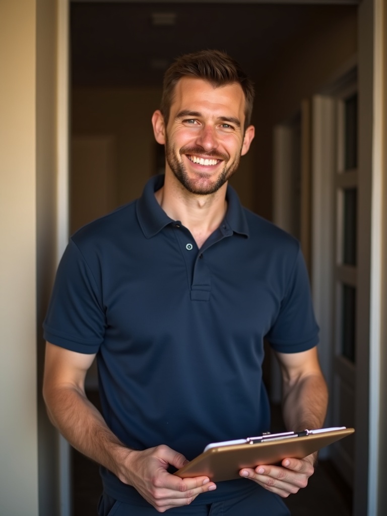 Friendly BM Electrical NW electrician smiling in a doorway holding a clipboard
