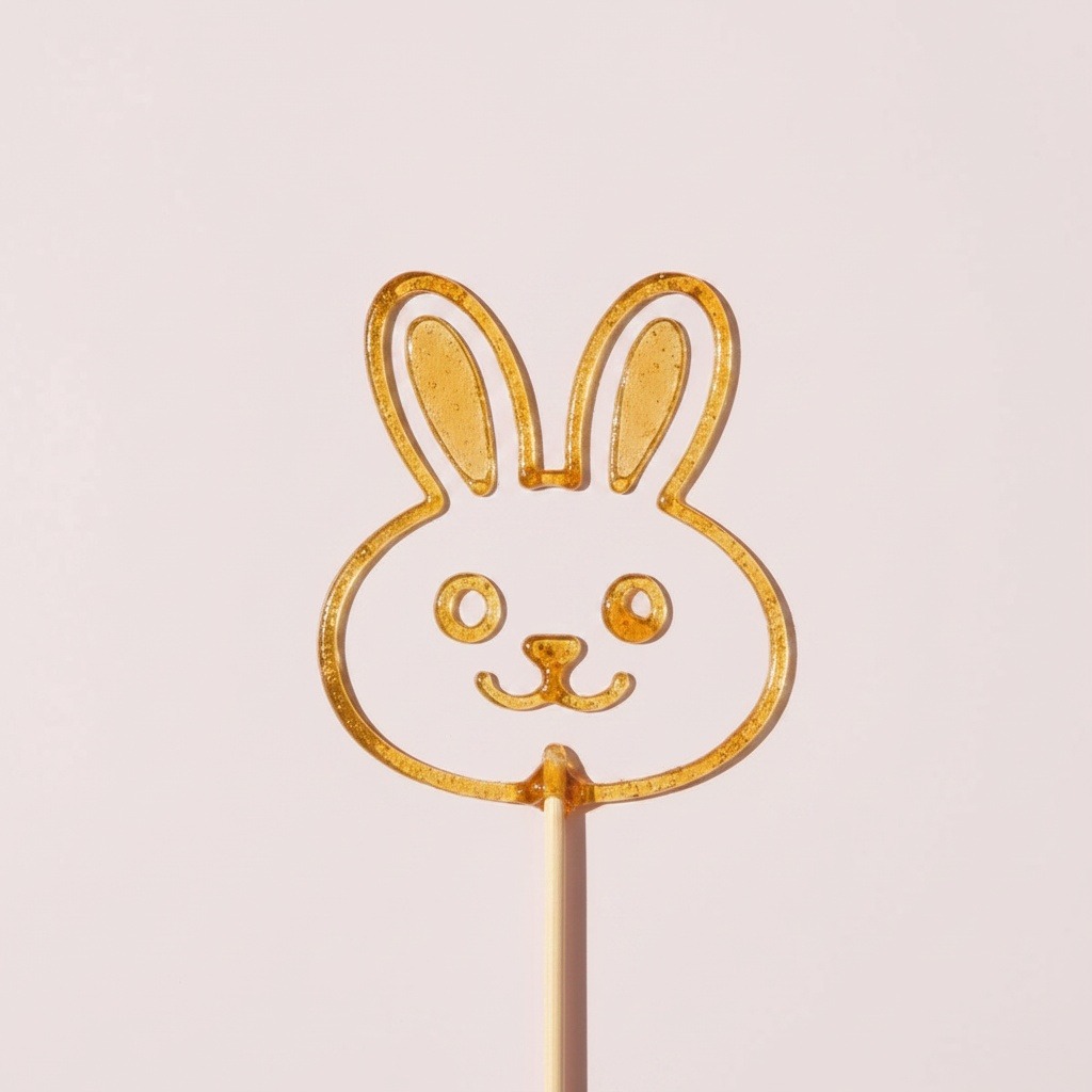 Finished open-outline amber sugar bunny doodle on a bamboo skewer