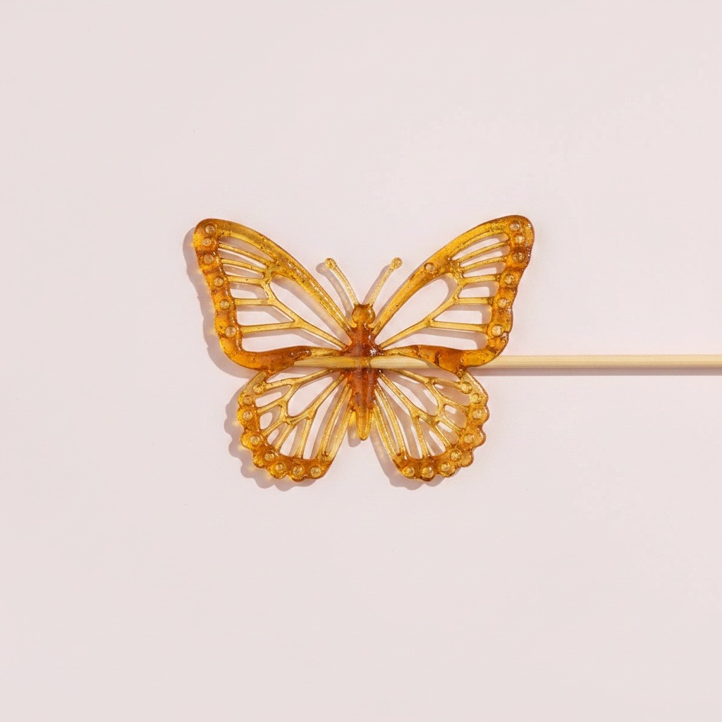Finished open-outline amber sugar butterfly doodle on a bamboo skewer