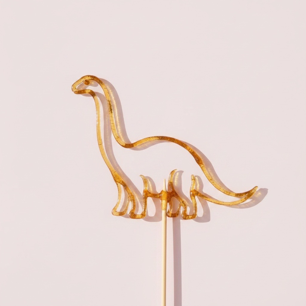 Outline amber sugar dinosaur doodle on a bamboo skewer