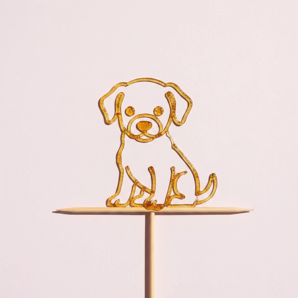 Outline amber sugar dog doodle on a bamboo skewer