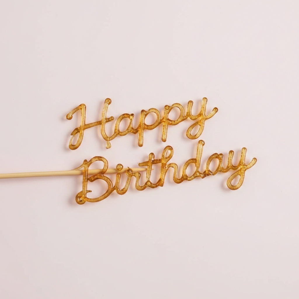 Outline amber sugar happy birthday doodle on a bamboo skewer