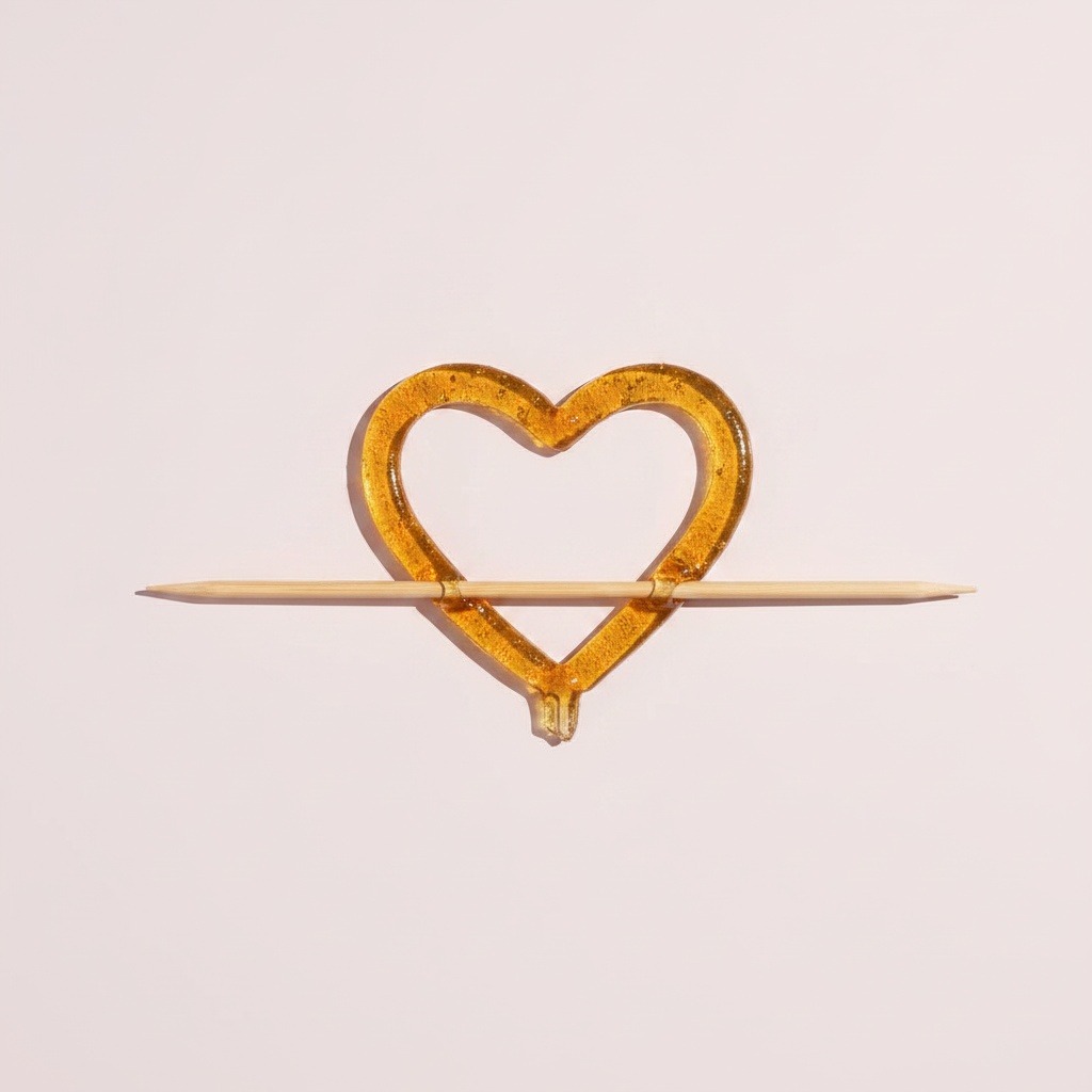 Finished open-outline amber sugar heart doodle on a bamboo skewer