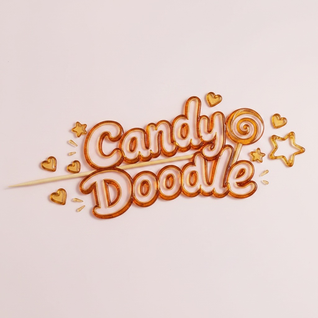 Finished brand logo drawn as an outline amber sugar doodle on a bamboo skewer