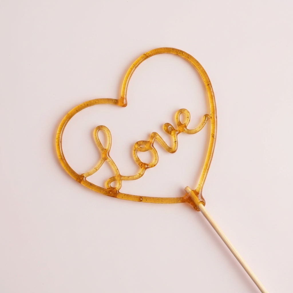 Outline amber sugar love doodle on a bamboo skewer