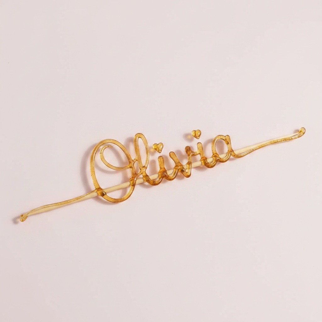 Cursive Olivia name in outline amber sugar on a bamboo skewer