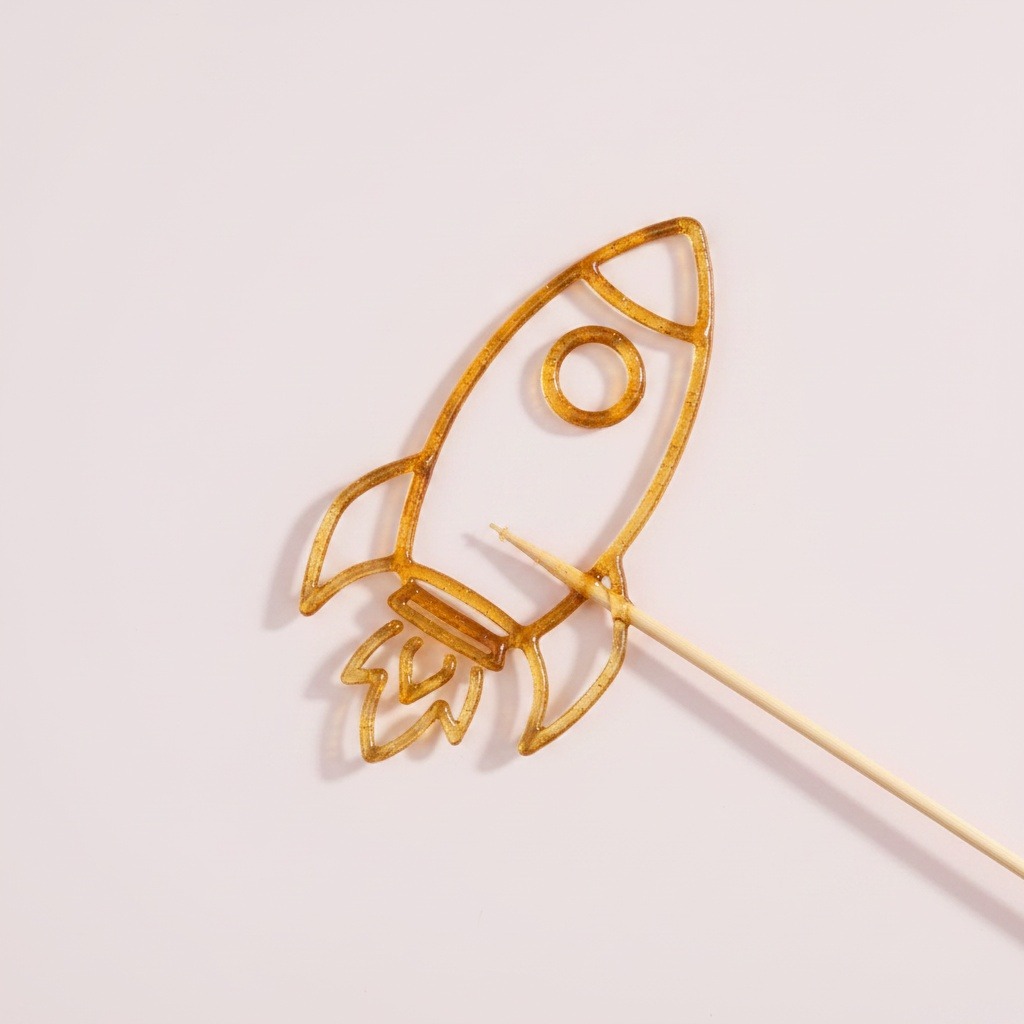 Outline amber sugar rocket doodle on a bamboo skewer