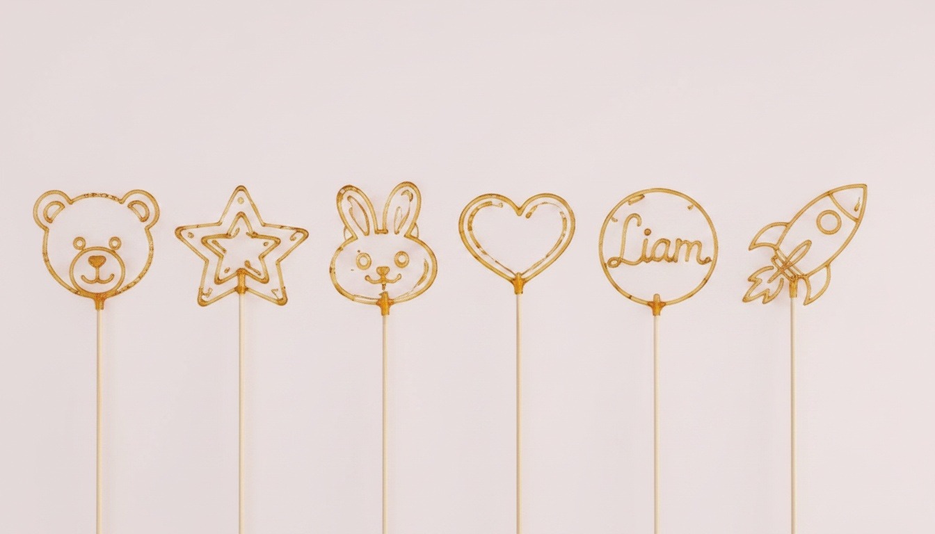 Row of finished outline amber sugar doodles on bamboo skewers including bunny, star, heart and name designs