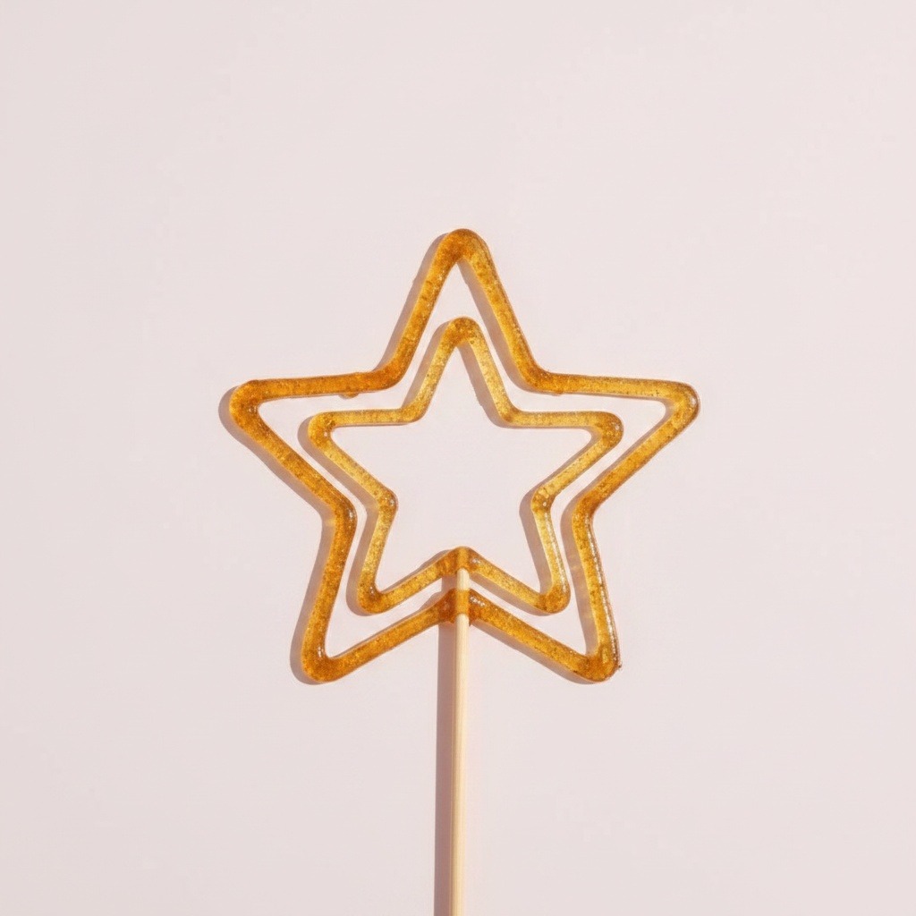 Finished open-outline amber sugar star doodle on a bamboo skewer