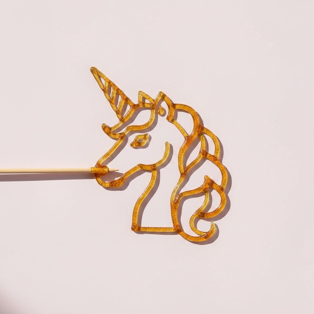 Outline amber sugar unicorn doodle on a bamboo skewer