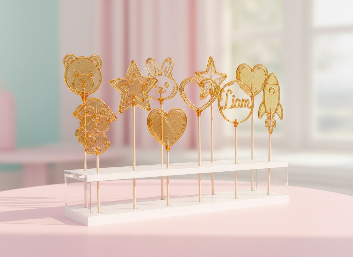 Outline amber sugar doodles standing in a favour stand on a party table