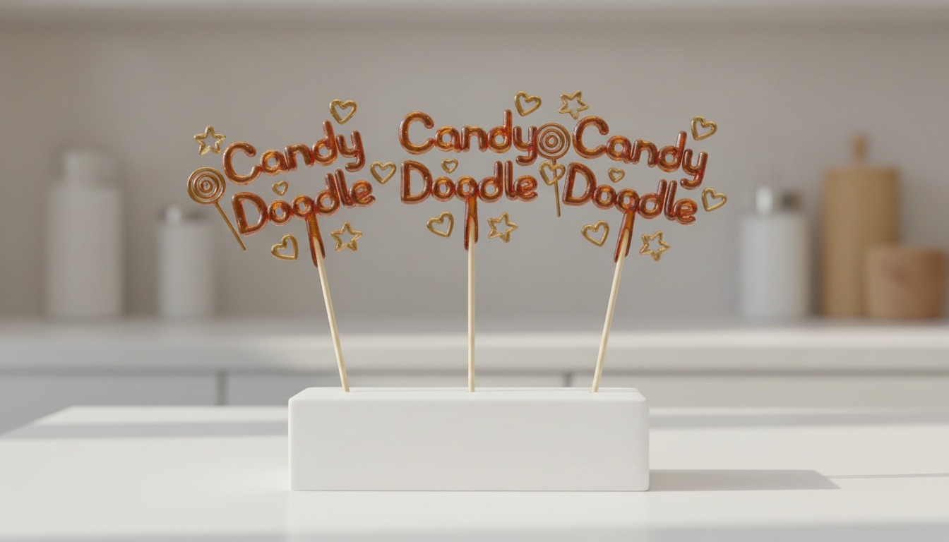 Candy Doodle logo drawn as an open-outline amber sugar line on the print plate