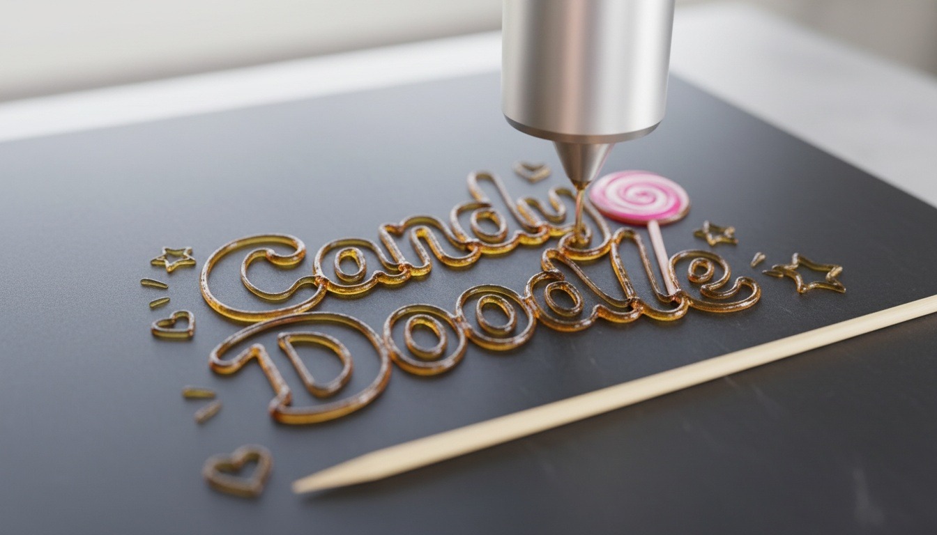 Nozzle drawing a simple brand mark as an outline amber sugar line on the plate