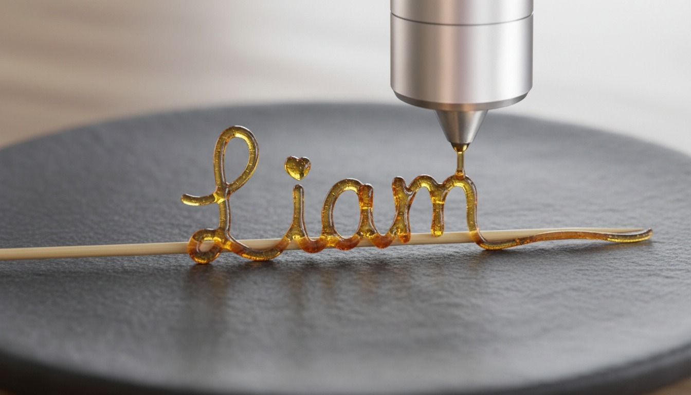 Nozzle drawing a cursive name as an open-outline amber sugar line on the plate