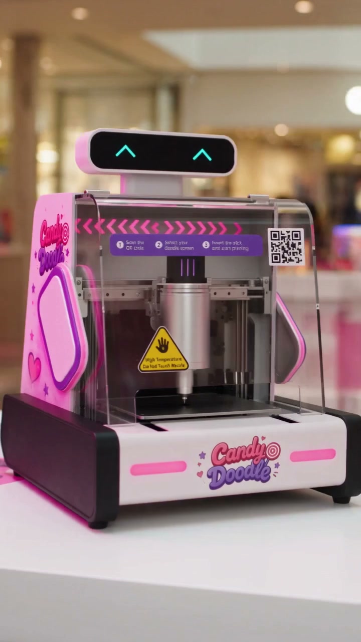 Candy Doodle sugar printer at an indoor venue with finished outline amber sugar doodles