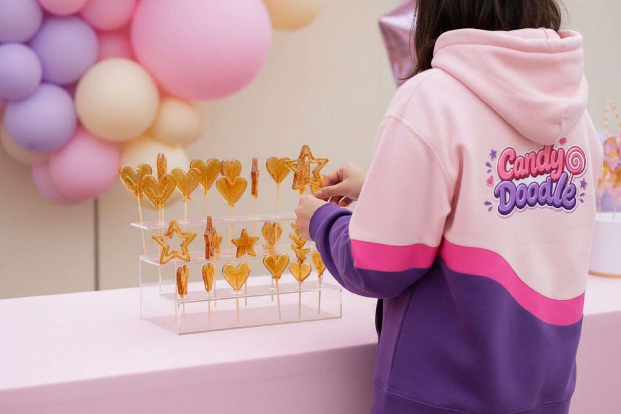 A Candy Doodle team member in branded uniform setting out finished amber sugar lollipops on a party table