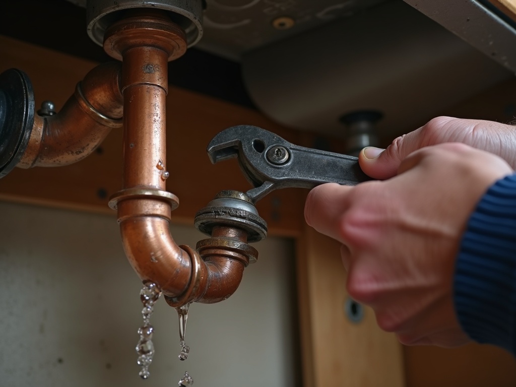 Plumber tightening a copper pipe fitting under a sink to stop a leak