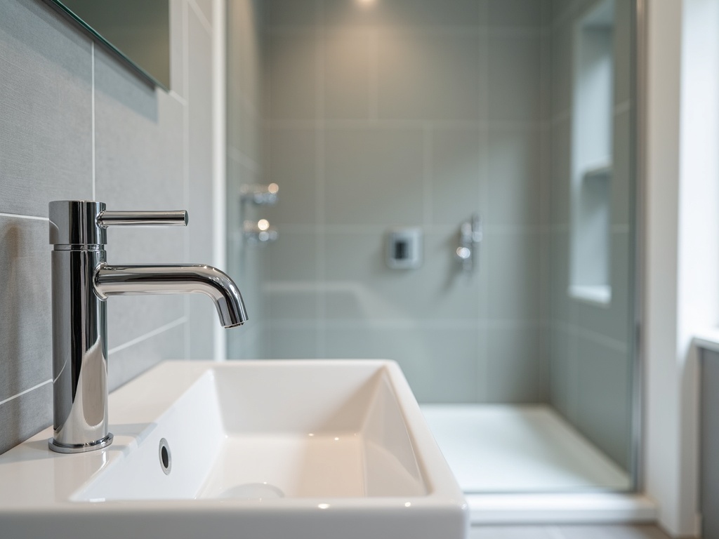 Freshly installed modern bathroom with chrome taps and a walk-in shower