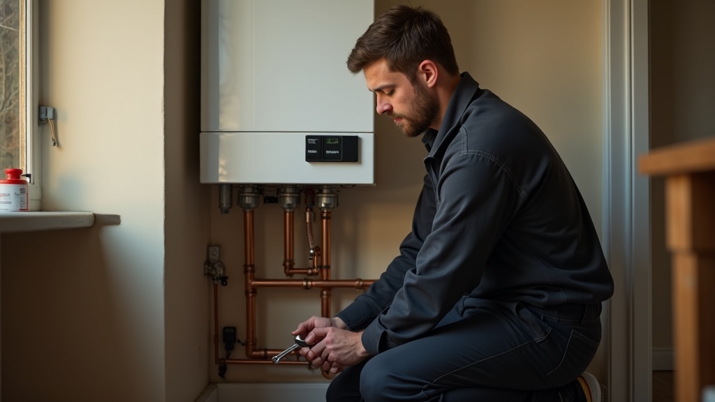Heating engineer from DLS servicing a domestic combi boiler with a pressure gauge in a Chorley home