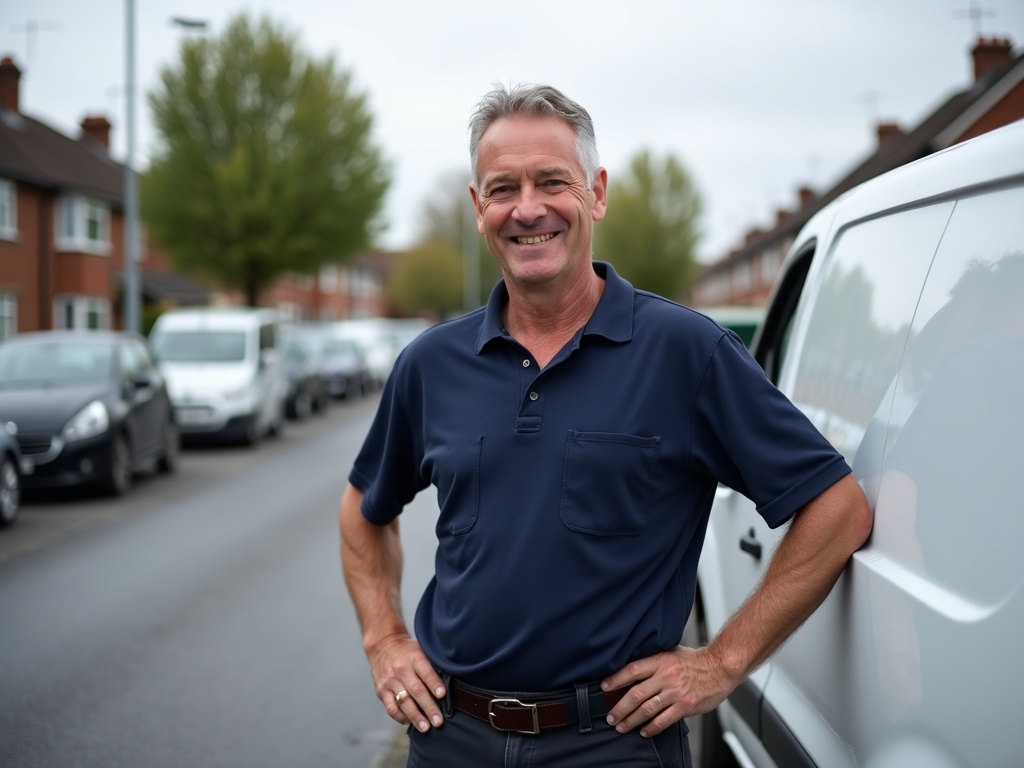 Local DLS plumber standing beside his work van on a Chorley street