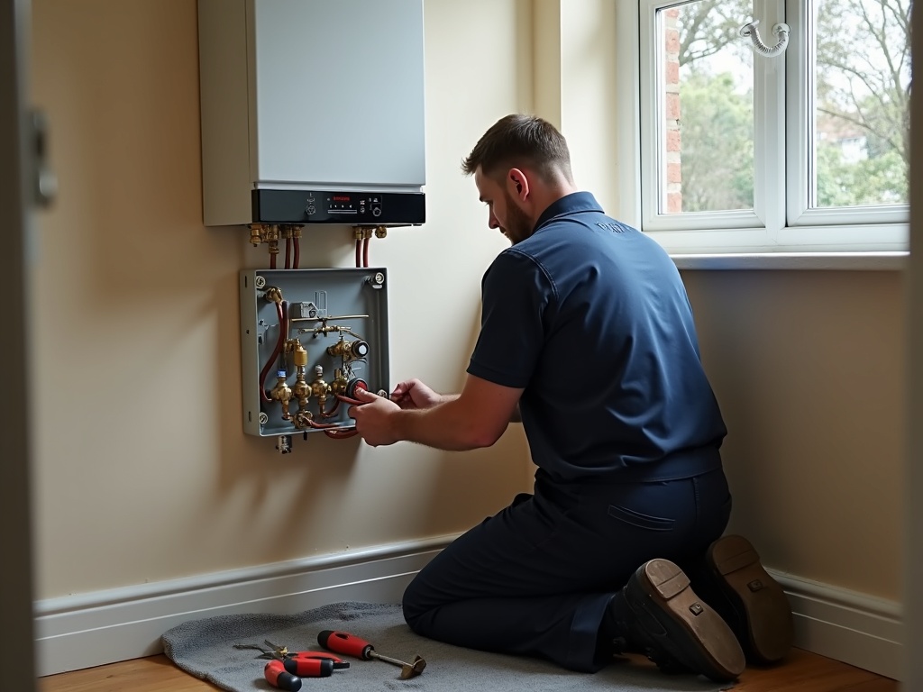 Plumber in navy workwear repairing a wall-mounted gas boiler and pipework in a Preston home