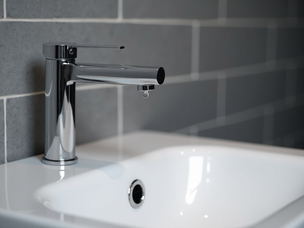 Close-up of a polished chrome mixer tap over a clean white basin in a finished bathroom
