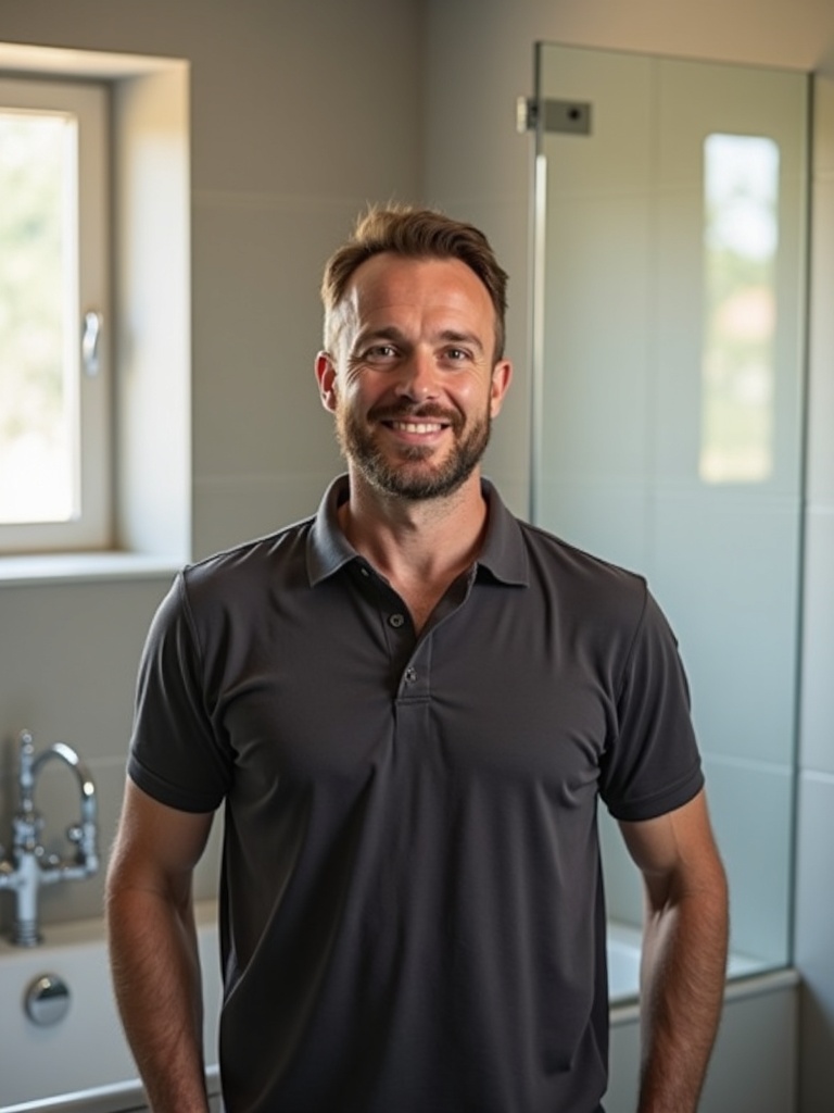 Friendly Preston plumber standing in a freshly finished bathroom