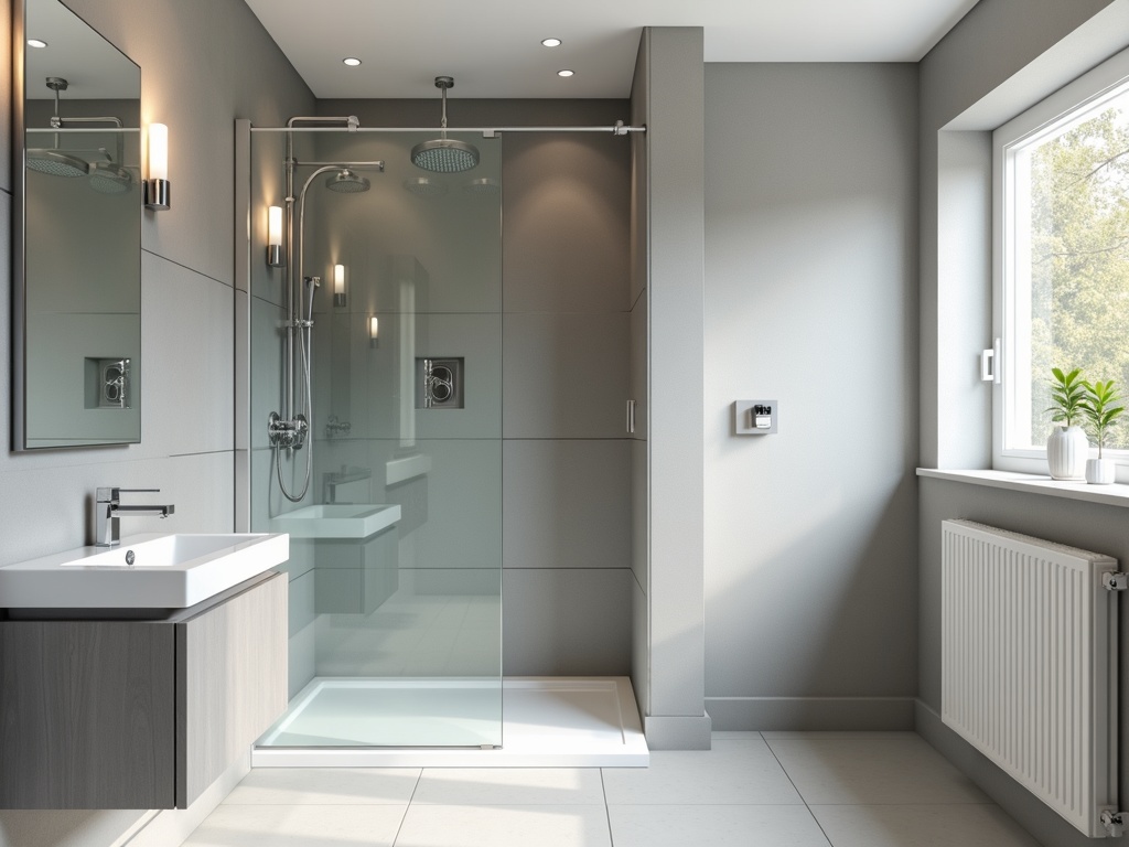 Freshly installed modern bathroom with a walk-in glass shower, chrome fittings, matte grey tiles and a floating vanity unit