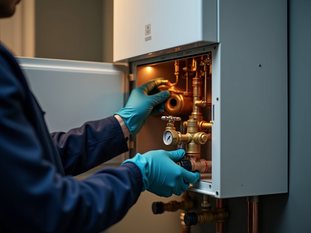 Heating engineer in nitrile gloves servicing an open combi boiler, checking the pressure gauge and copper pipework