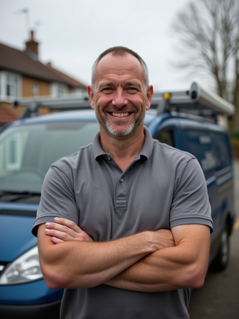 Friendly GEARX plumber standing with arms folded in front of his work van on a Preston residential street