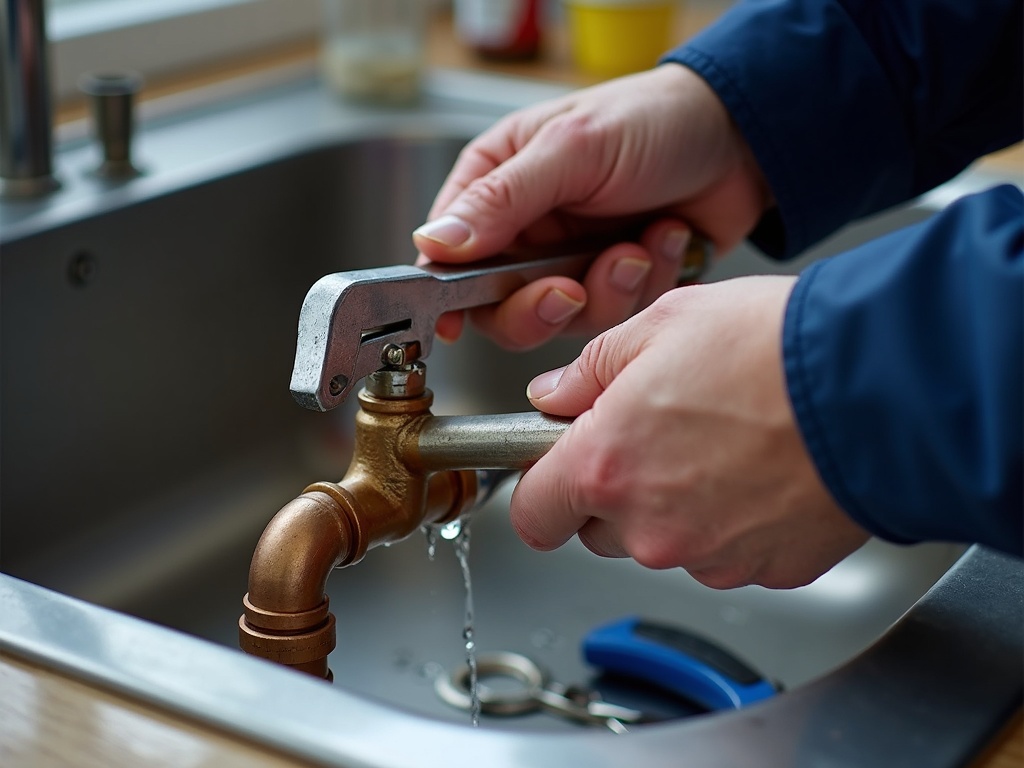 Close-up of a plumber's hands in a navy uniform tightening a copper pipe fitting under a kitchen sink