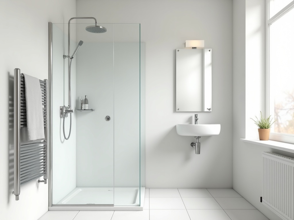 A finished modern bathroom in Preston with a chrome shower, wall basin and heated towel rail