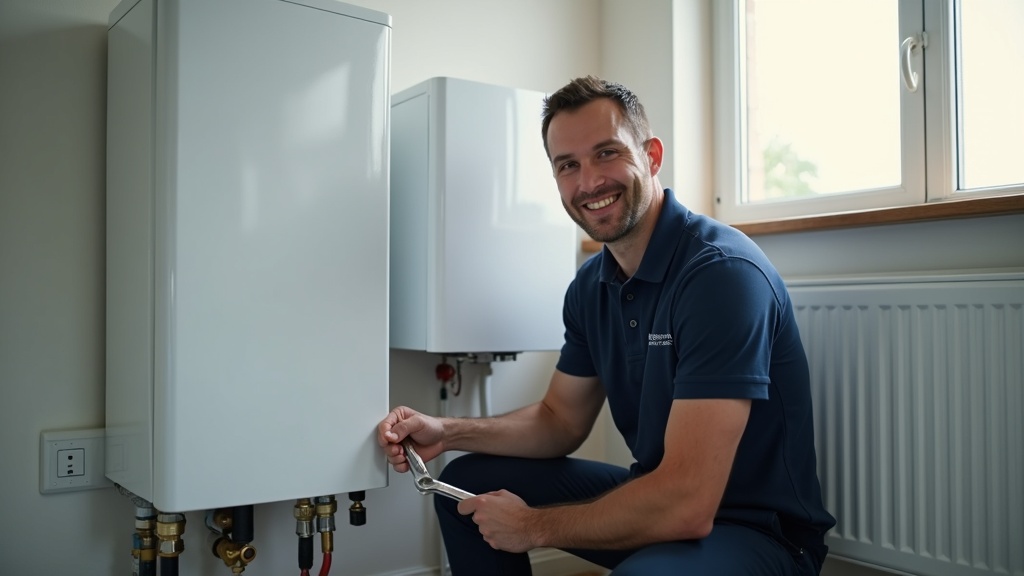 Glen Howard heating engineer in a navy uniform servicing a modern gas boiler in a Preston home