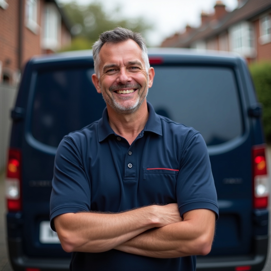 Glen Howard, a friendly Preston plumber in a navy work polo, standing in front of his work van