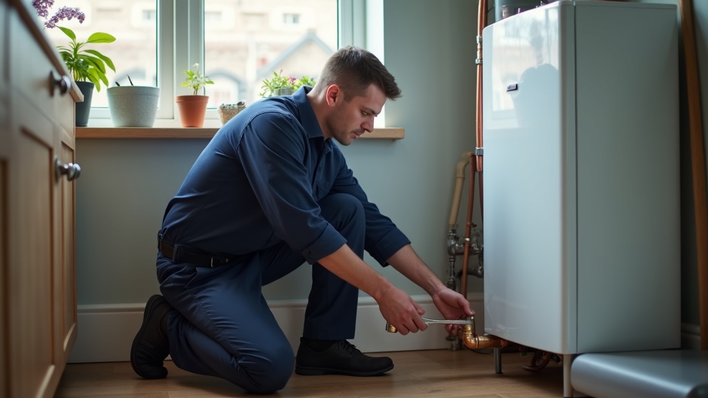 M J Kay plumber fitting a copper pipe to a boiler in a Preston home