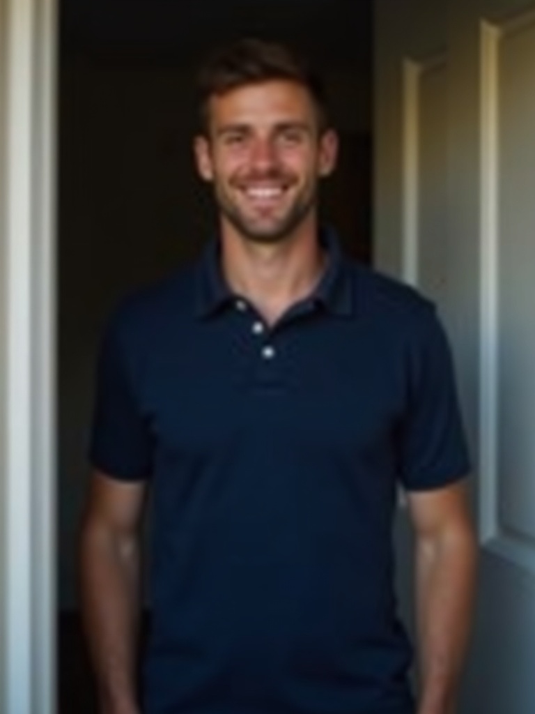 Friendly M J Kay plumber in a navy polo shirt at a customer's door in Preston