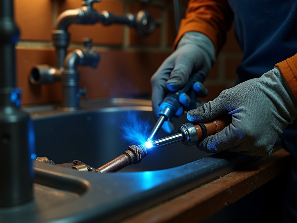 Heating engineer soldering a copper pipe joint with a blowtorch