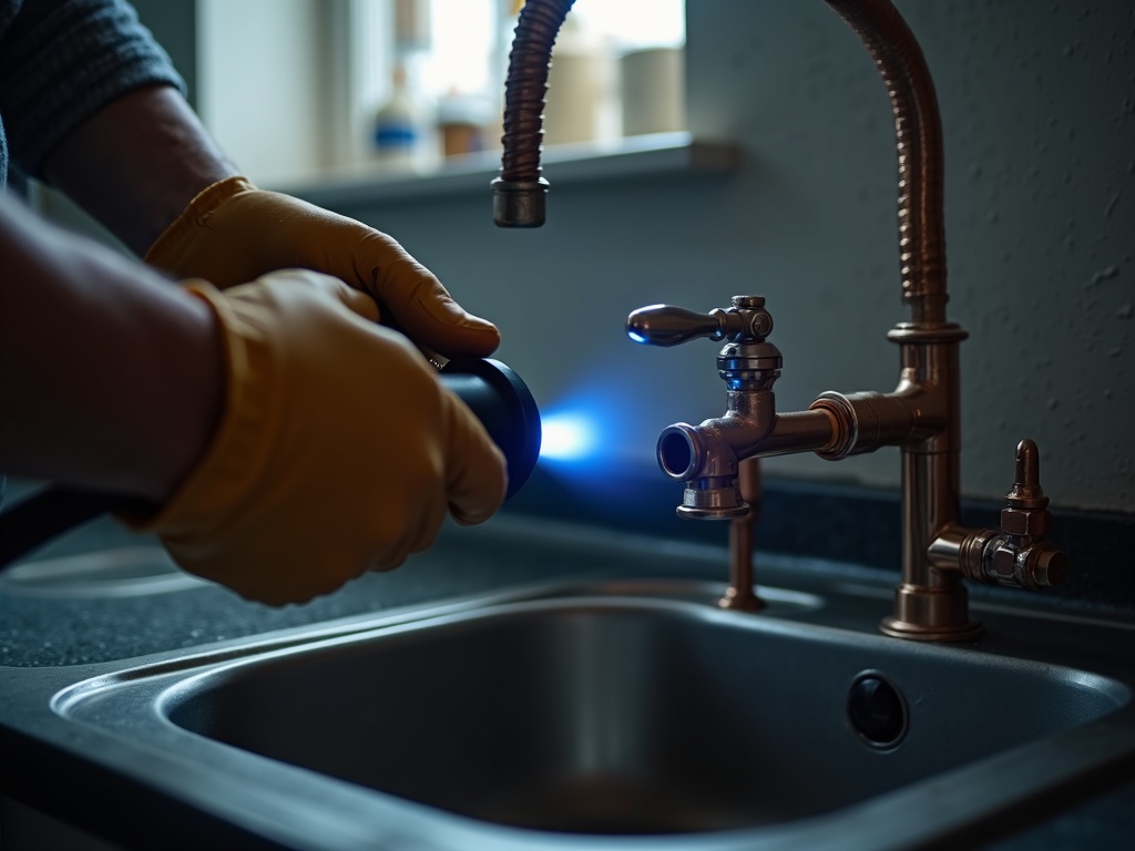 Plumber soldering a copper pipe joint with a blowtorch under a kitchen sink