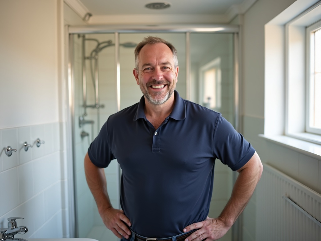 Martin Fox, a plumbing and heating engineer, standing in a freshly finished modern bathroom in Preston