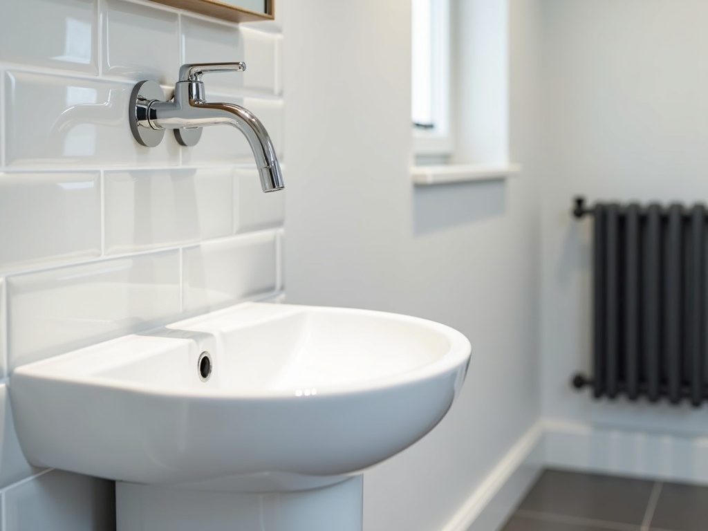 Finished modern Preston bathroom with a newly installed chrome mixer tap, white basin and matte black radiator
