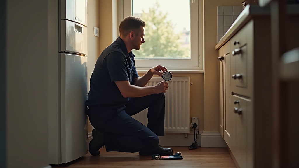 Osman and Sons heating engineer in navy workwear checking a wall-mounted combi boiler in a bright Preston kitchen