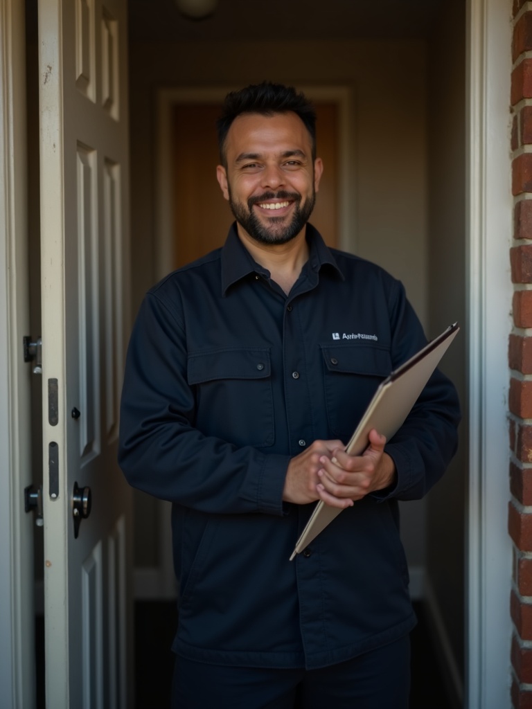 Friendly experienced Osman and Sons plumber in dark workwear at a Preston front door with a clipboard