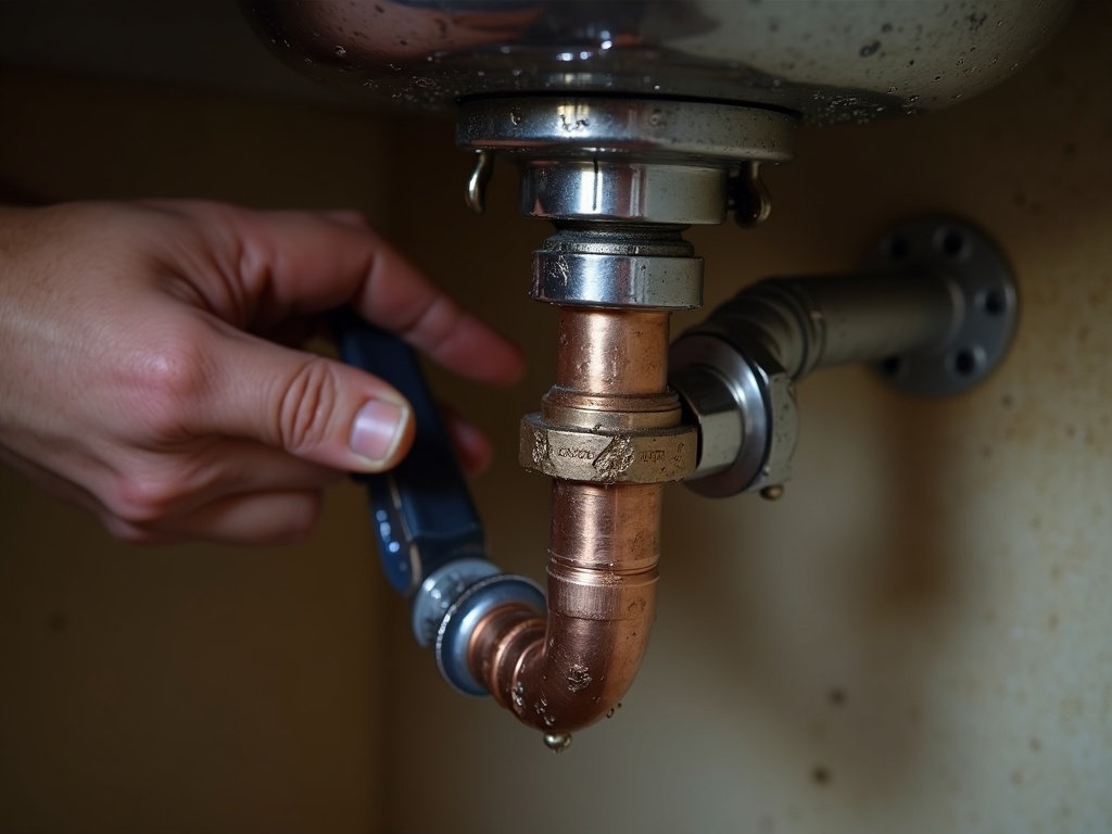 Plumber tightening a copper pipe fitting under a domestic sink with an adjustable wrench