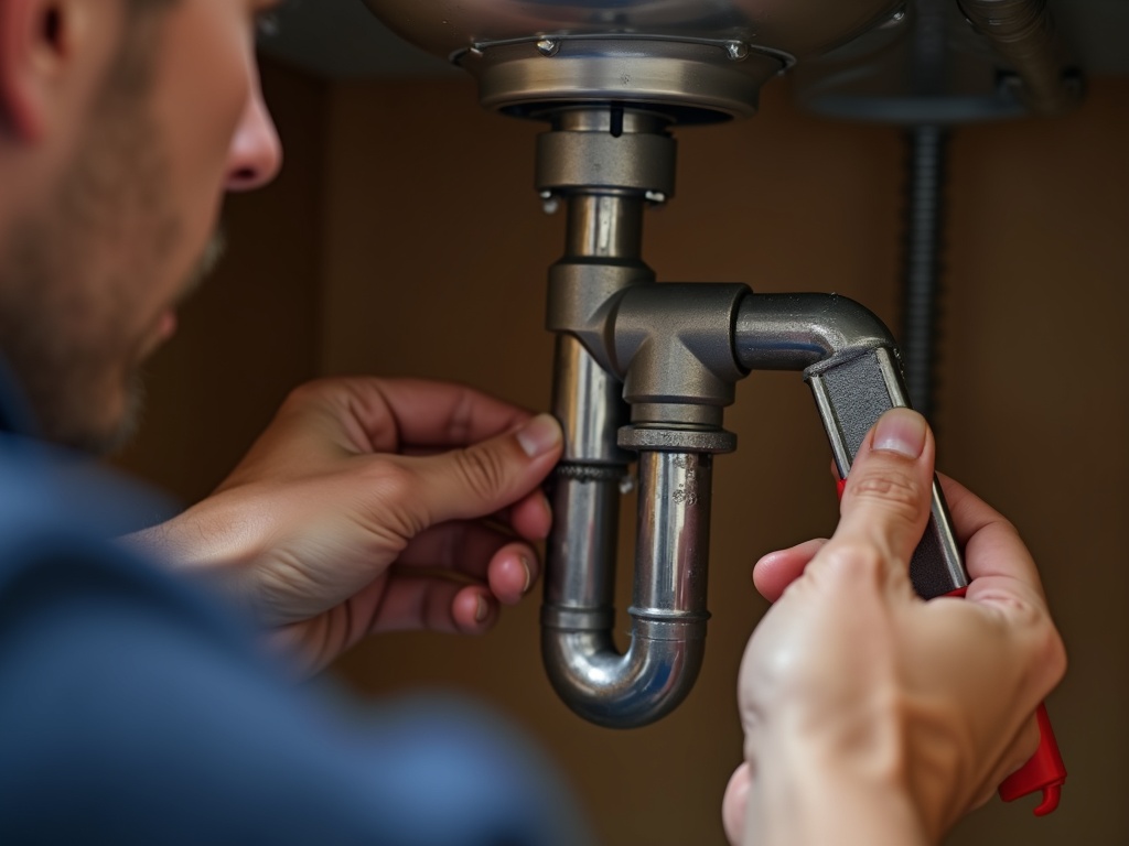 Plumber tightening a chrome pipe fitting under a sink with an adjustable wrench