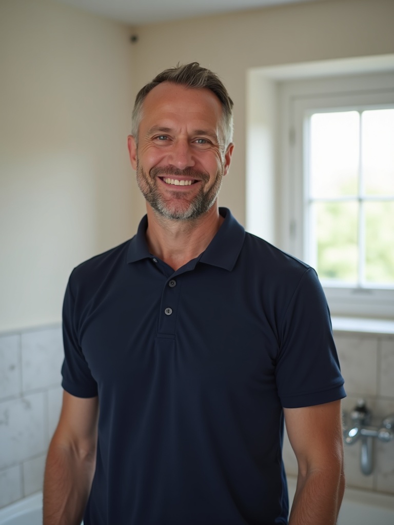Friendly local plumber in a navy work polo shirt standing in a finished bathroom